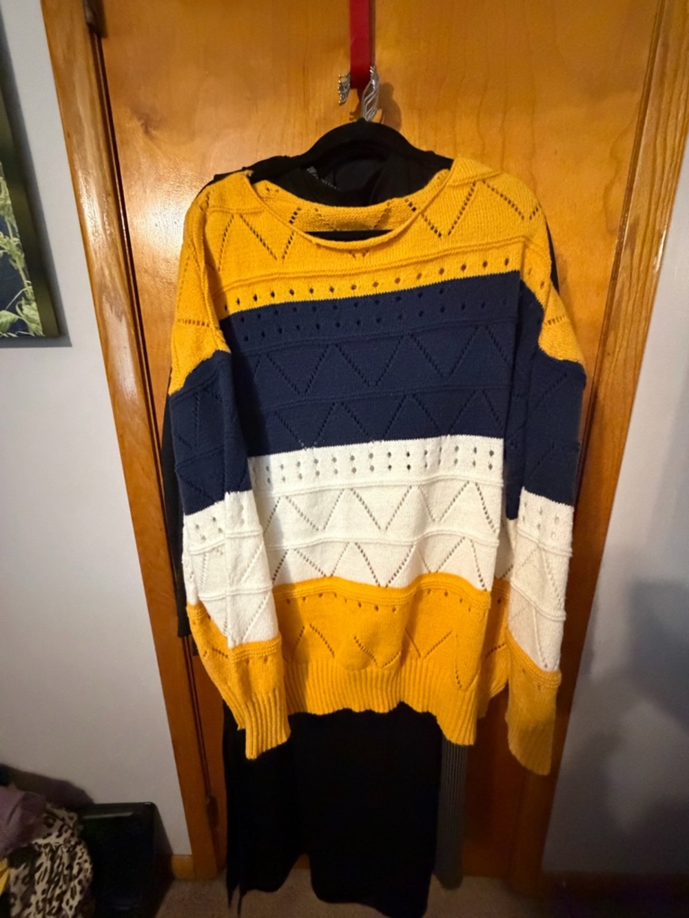 Colorblock Pointelle Knit Sweater - Yellow Navy White